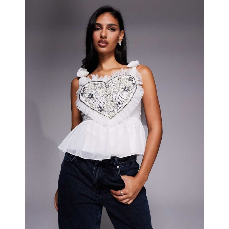 ASOS LUXE heart embellished peplum top with bow shoulder detail in 115648427