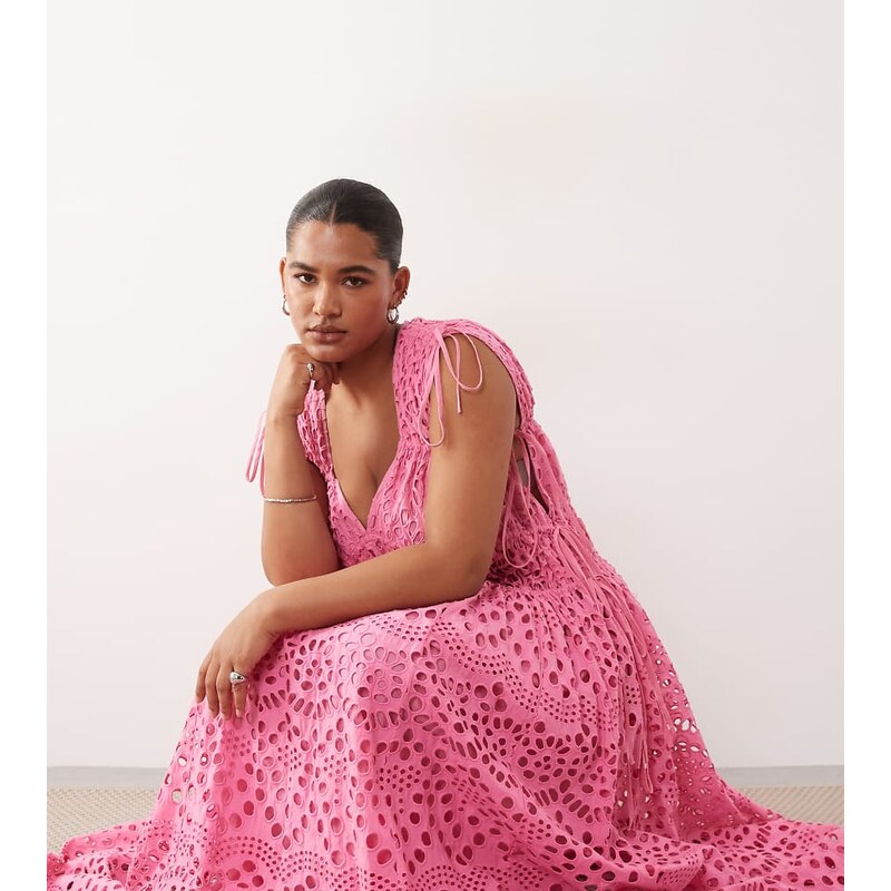 ARRANGE Curve broderie drawstring detail trapeze maxi dress in