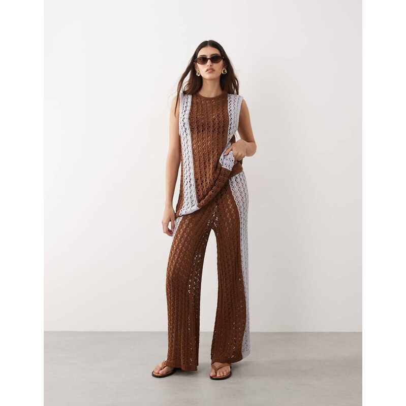 ARRANGE crochet trousers co-ord in brown and blue contrast-Multi