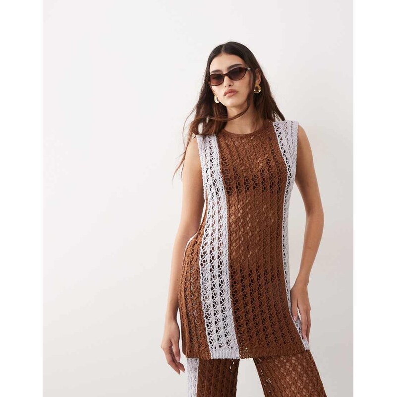 ARRANGE knitted longline top co-ord in brown and blue contrast-Multi 115648506
