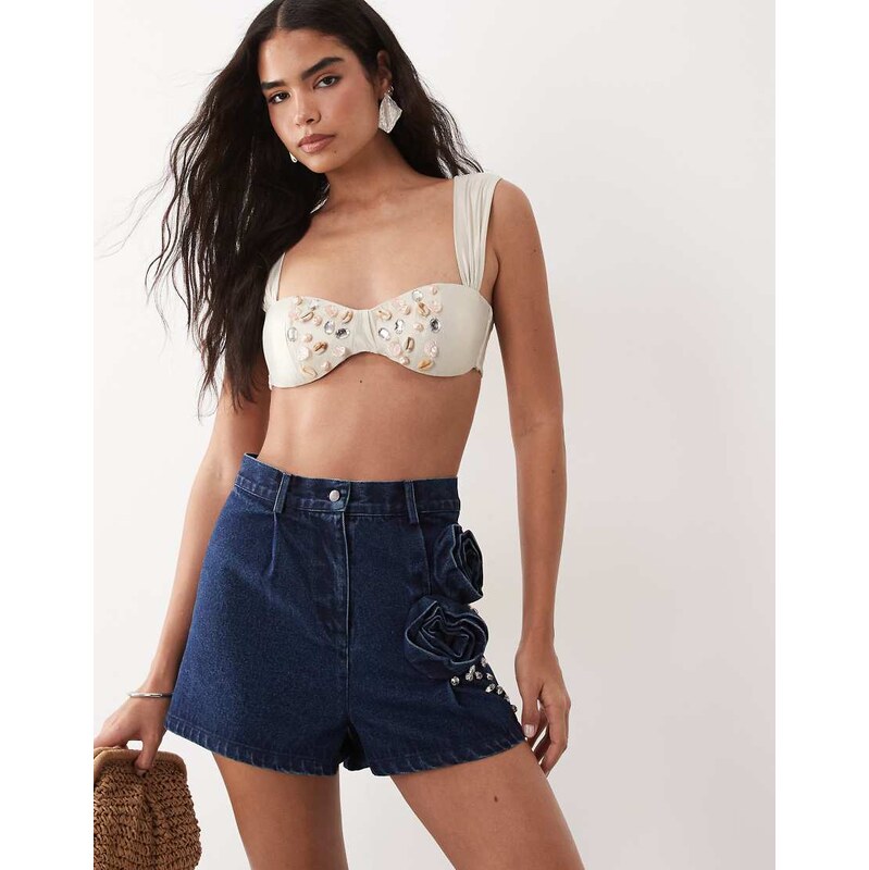 ASOS LUXE embellished corsage detail denim short in dark wash-Navy 115648509