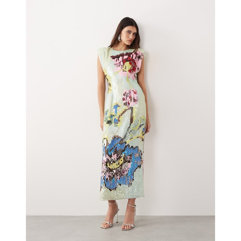 ARRANGE high neck printed sequin maxi dress in blue floral print