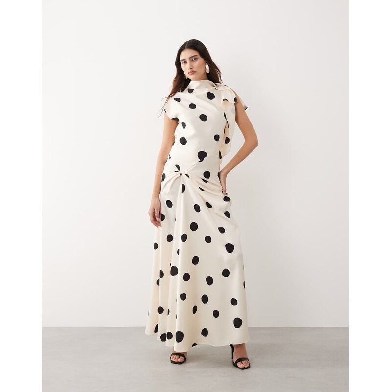 ARRANGE split shoulder draped maxi dress in spot print-Multi
