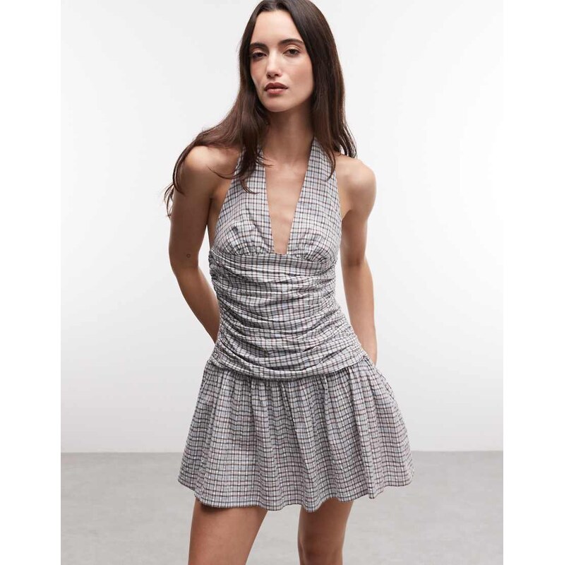 COLLUSION halter mini dress in blue check 115648477