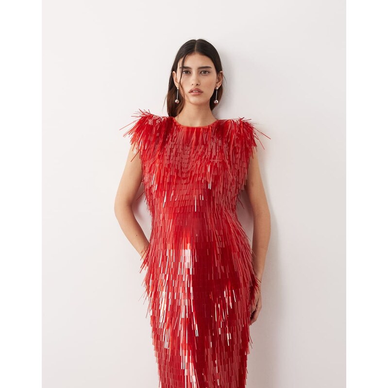 ARRANGE all over shard sequin strong shoulder maxi dress in red 115648542