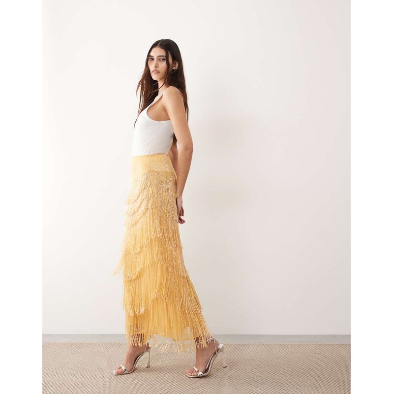 ARRANGE beaded fringe column midi skirt in yellow 115648551