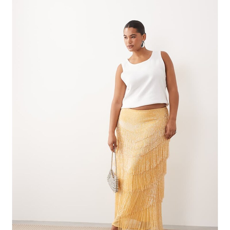 ARRANGE Curve beaded fringe column midi skirt in yellow