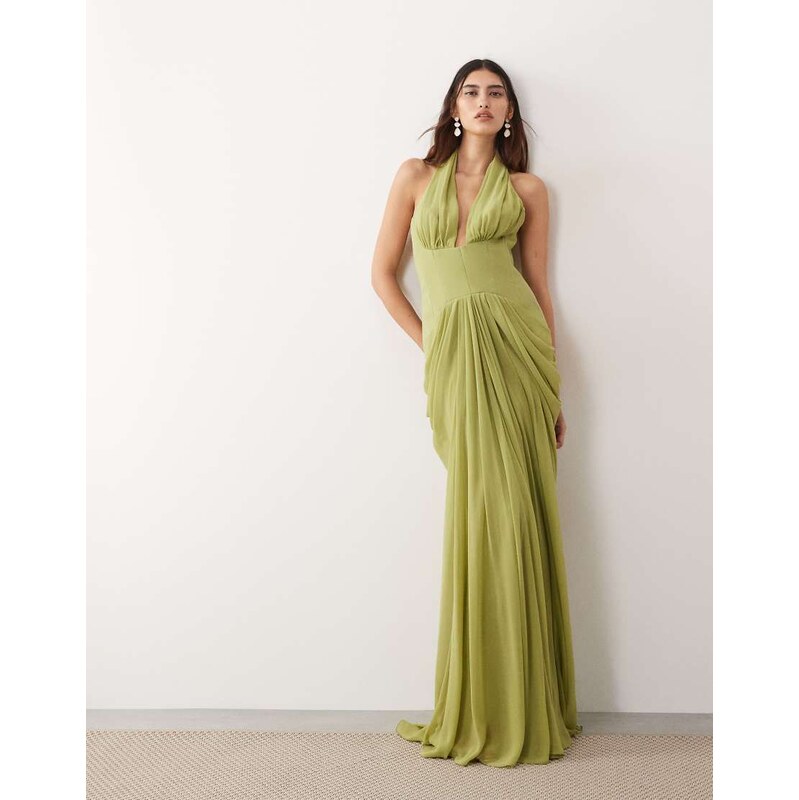 ARRANGE hybrid plunge halter cinch waist maxi dress with train