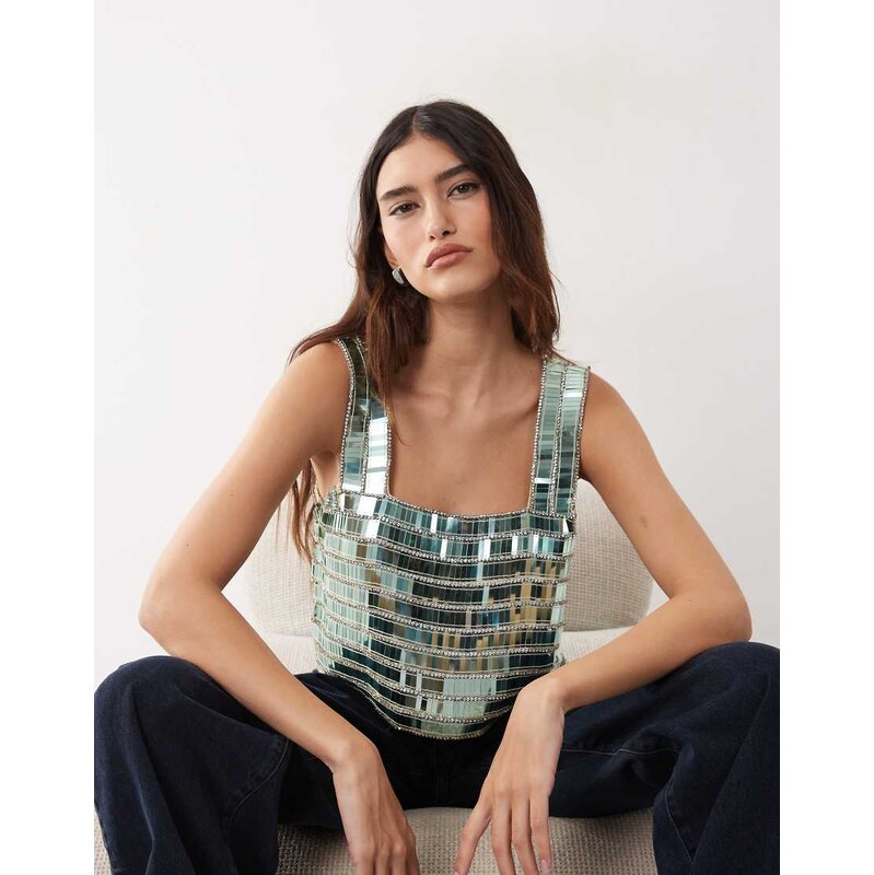 ARRANGE embellished beaded square neck boxy crop top in soft green 115648554