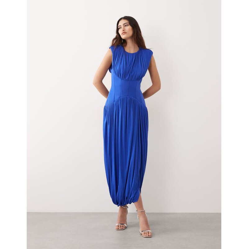 ARRANGE gathered drape maxi dress with cinched waist in blue
