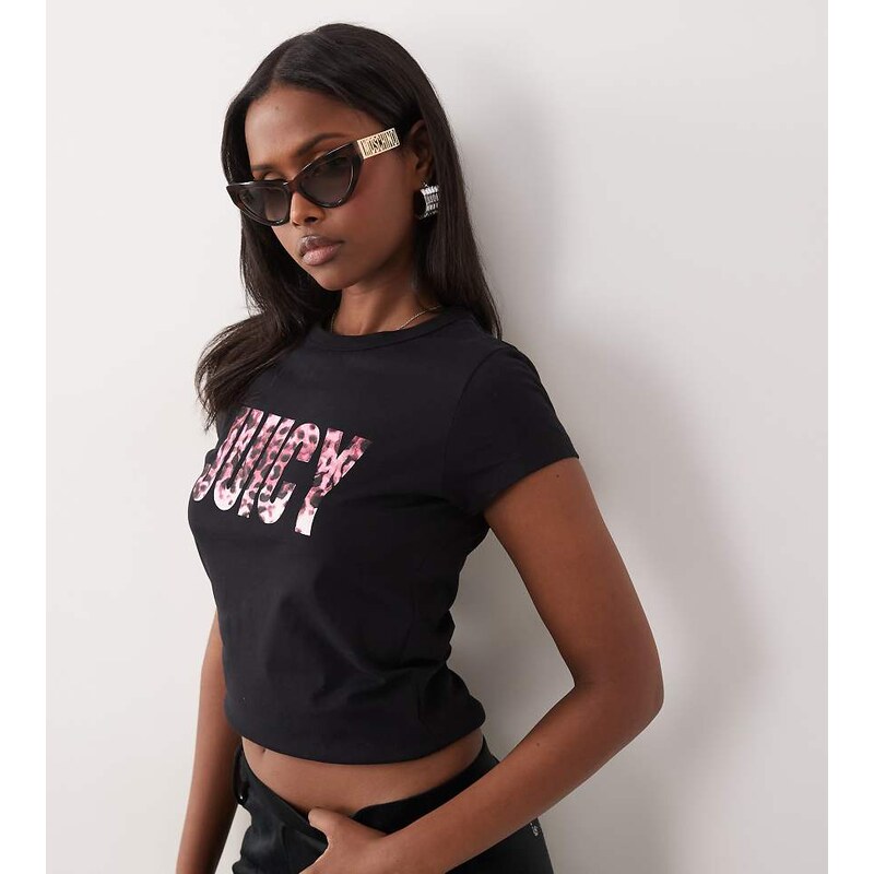 Juicy Couture exclusive pink leopard print logo t-shirt in black