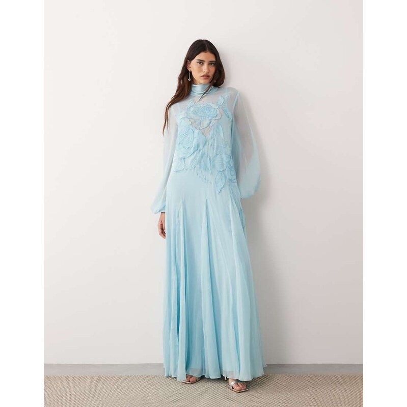 ARRANGE applique floral tie neck blouson sleeve trapeze maxi dress in 115648572