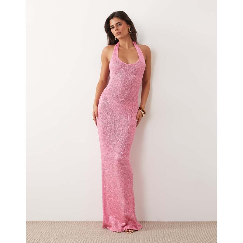 Noughts & Kisses cotton blend halterneck sparkle knit maxi dress in 115648576