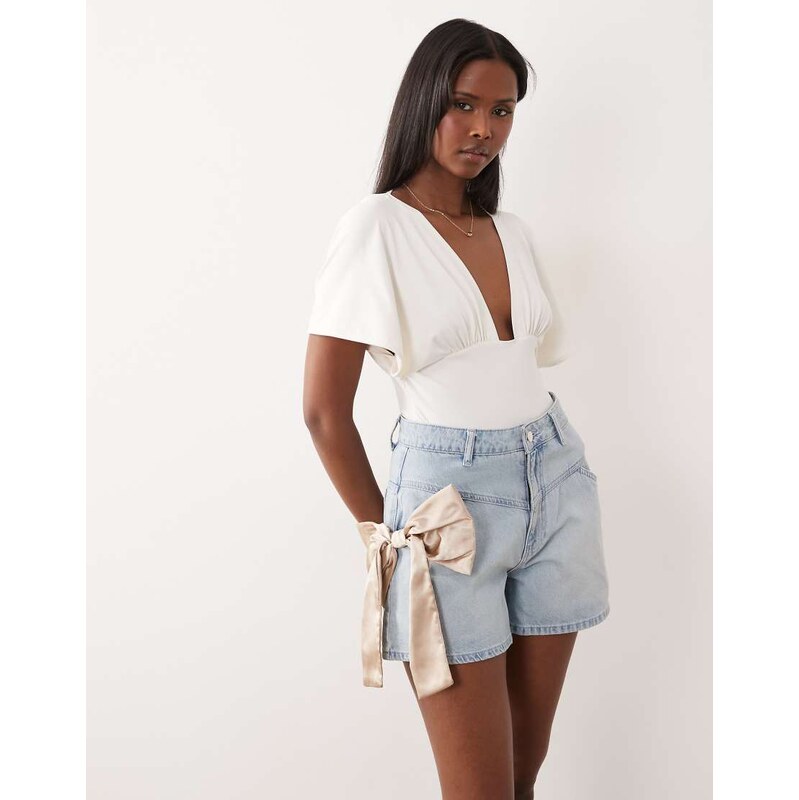 ASOS LUXE high waisted flippy short with 3D bow detail in blue 115648580