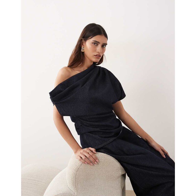 ARRANGE denim off shoulder pleat waist top co-ord in indigo-Blue 115648584