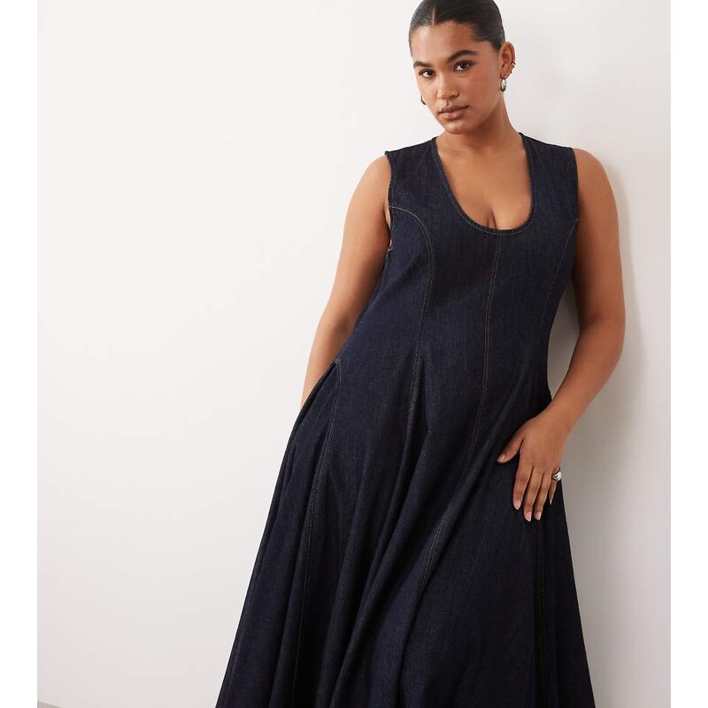 ARRANGE Curve drop neck denim pleated hanky hem maxi dress in