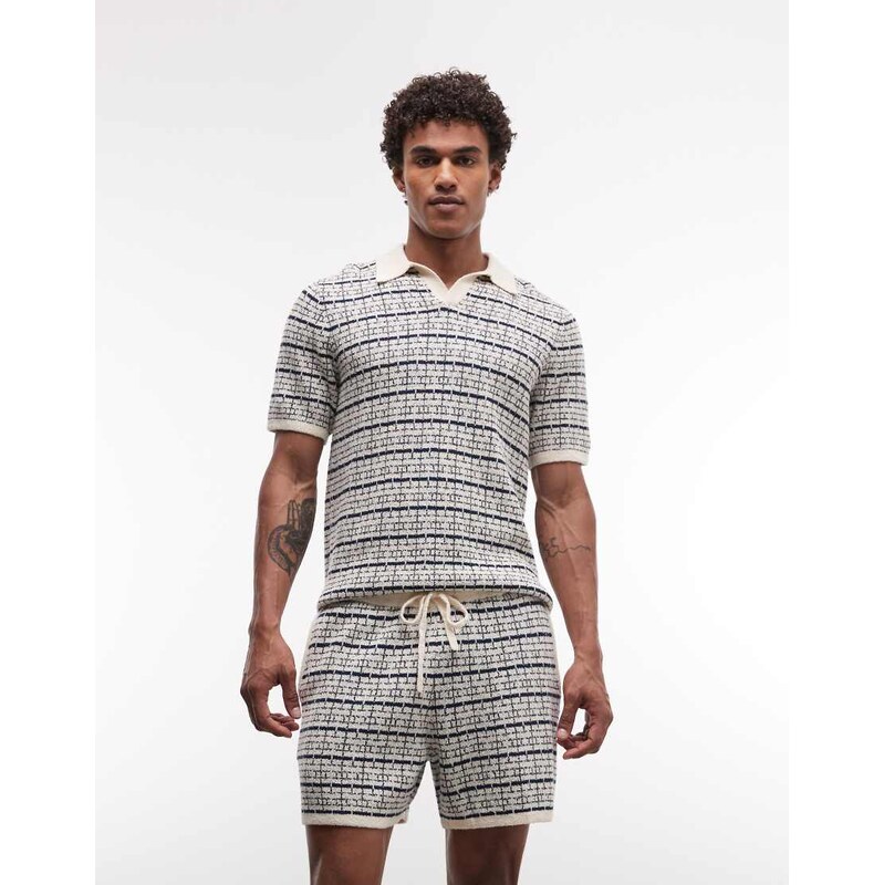ASOS DESIGN knitted stripe shorts co-ord in navy and ecru-Multi