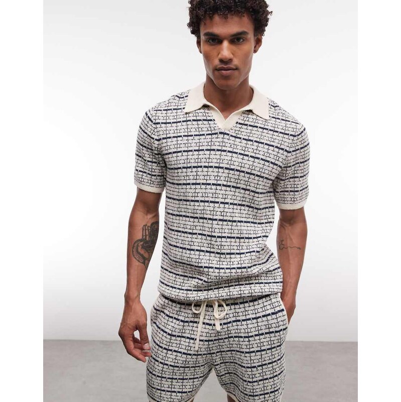 ASOS DESIGN knitted stripe polo co-ord in navy and ecru-Multi