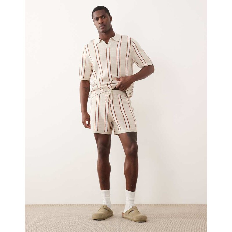 ASOS DESIGN knitted stripe shorts in stone and ecru-Multi