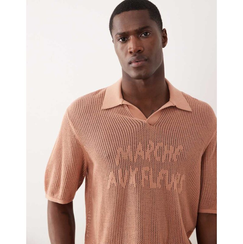 ASOS DESIGN relaxed knitted mesh notch neck polo with chest