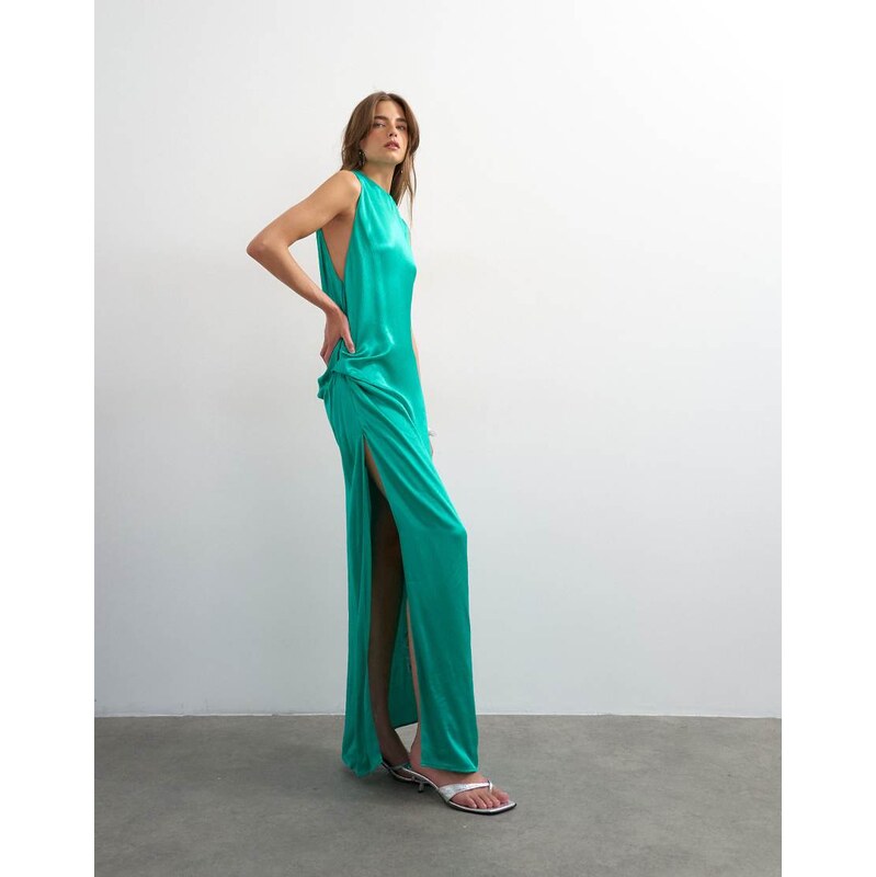 Topshop satin sleeveless asymmetric drape maxi dress in emerald