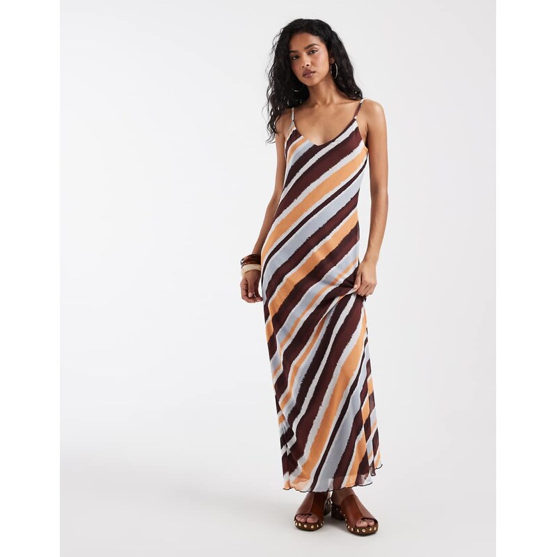 Vero Moda mesh cami maxi dress in brown and pastel diagonal