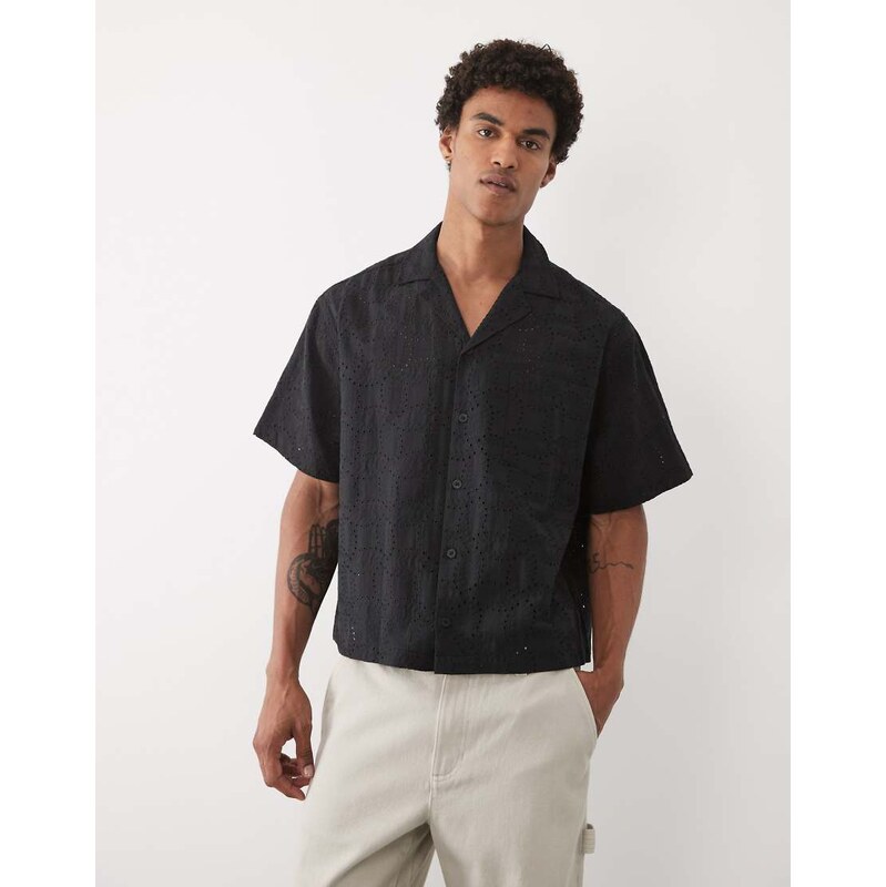 ASOS DESIGN boxy oversized revere broderie shirt in black