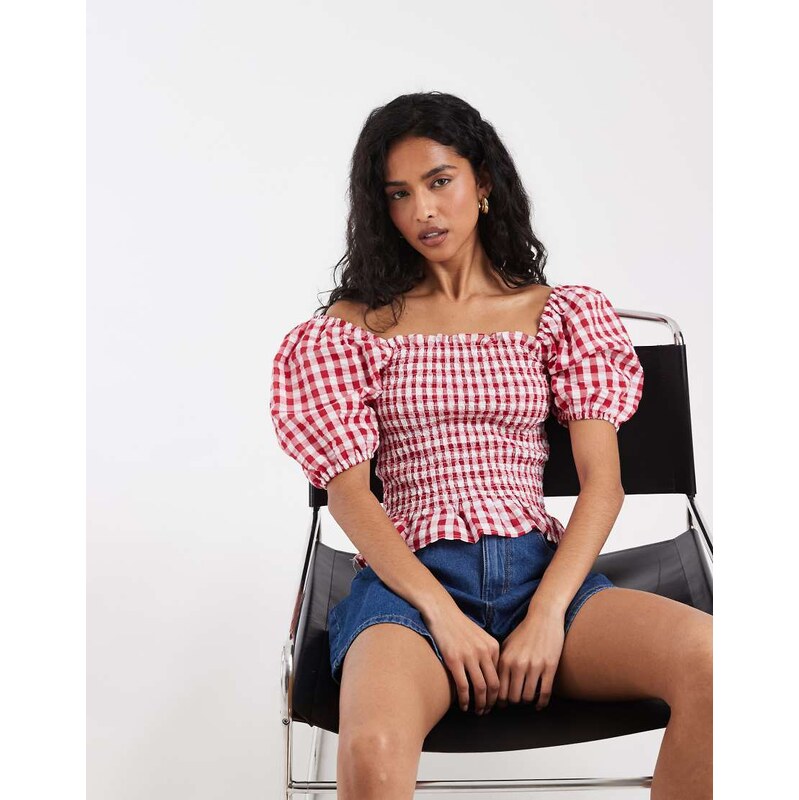 Vero Moda shirred bodice puff sleeve crop top in red gingham print 115648602