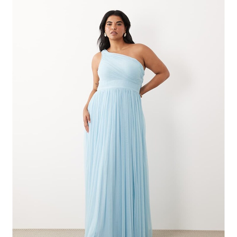 Lace & Beads Plus Bridesmaid tulle one shoulder fitted waist maxi 115648605
