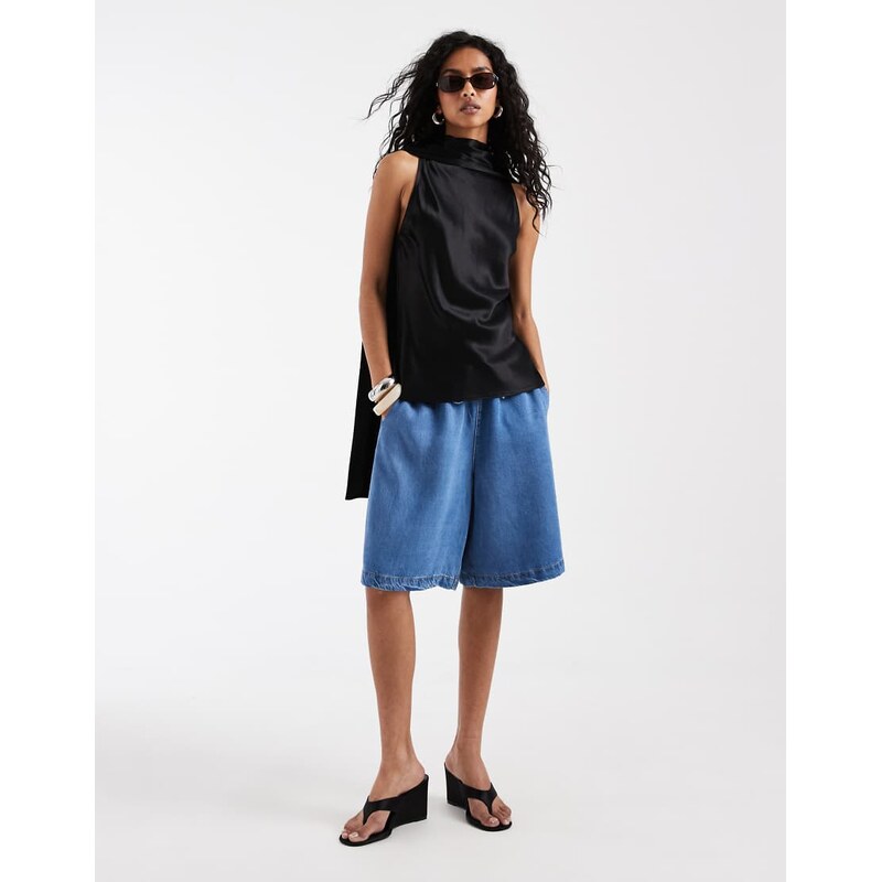 Object drapey chambray tie waist longline shorts in light blue denim 115648606