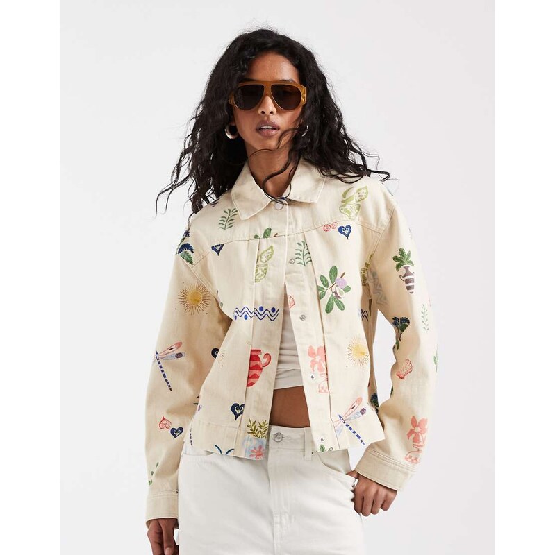Object boxy denim jacket in cream based summer conversational