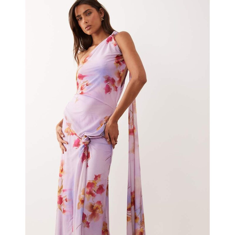 ASOS DESIGN printed stretch chiffon drape maxi dress in pink