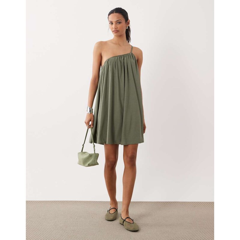 ASOS DESIGN textured one shoulder mini dress in khaki-Green