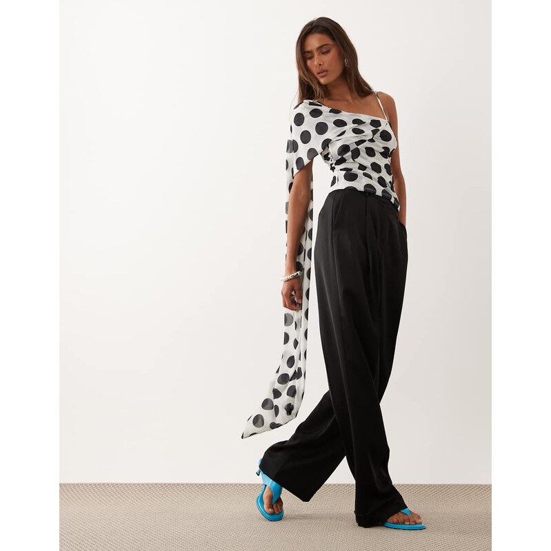 ASOS DESIGN stretch chiffon scarf wrap top in mono polka dot