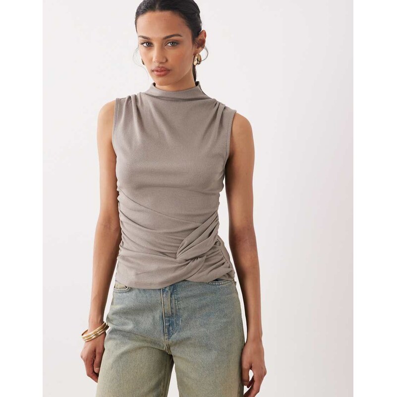 ASOS DESIGN modal funnel neck top with twist detail in taupe