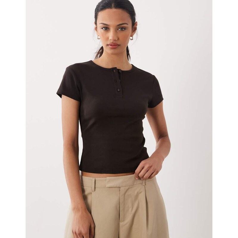 ASOS DESIGN co-ord ribbed henley detail baby tee in-Brown
