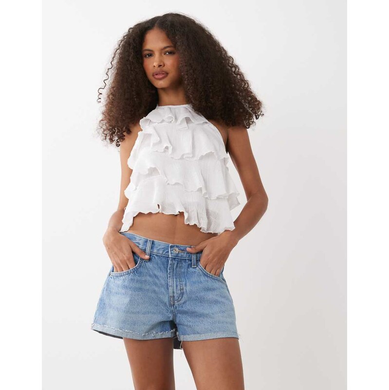 Mango Teen cotton rich ruffle halterneck top in white