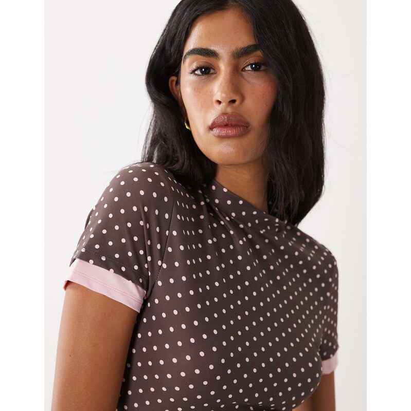 ASOS DESIGN short sleeve double layer polka dot top in brown