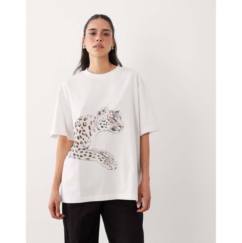 ASOS DESIGN oversized t-shirt with leopard graphic in white