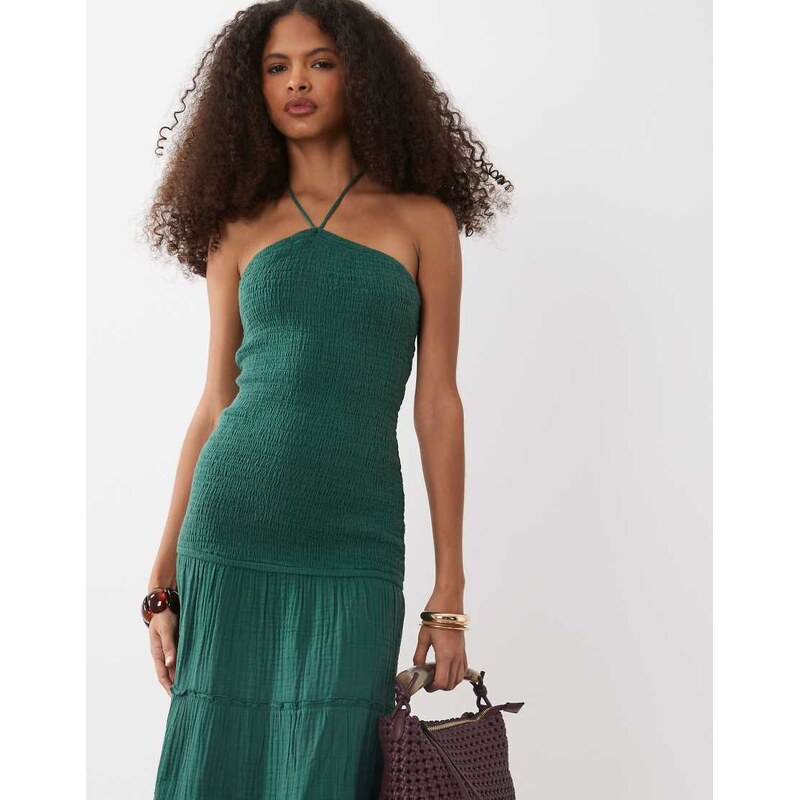 Mango Teen halterneck tiered maxi dress in green