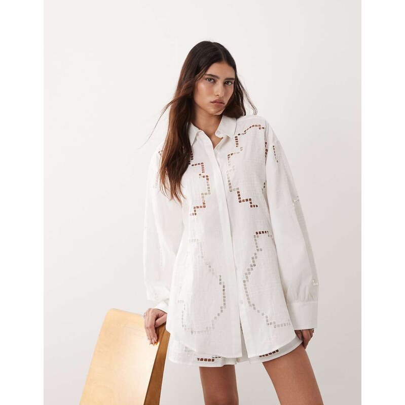 ARRANGE oversized shirt co-ord with cutwork embroidery in white