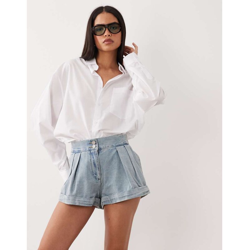 Noughts & Kisses pleated denim turn up hem shorts in light blue 115723460