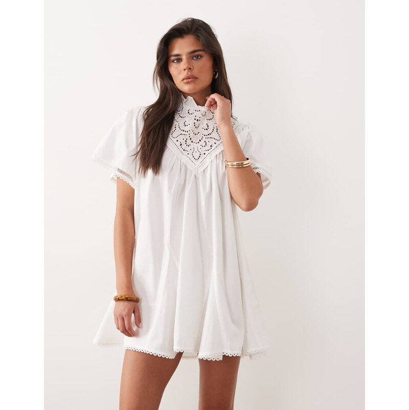 Noughts & Kisses cotton high neck lace detail smock mini dress in 115715712