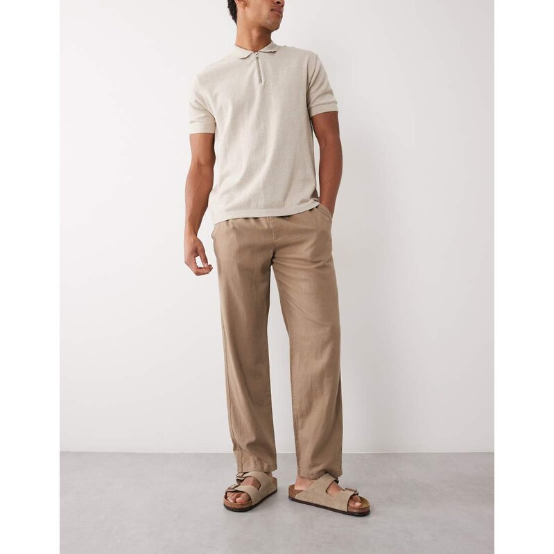 Threadbare pull on linen look straight fit trousers in taupe