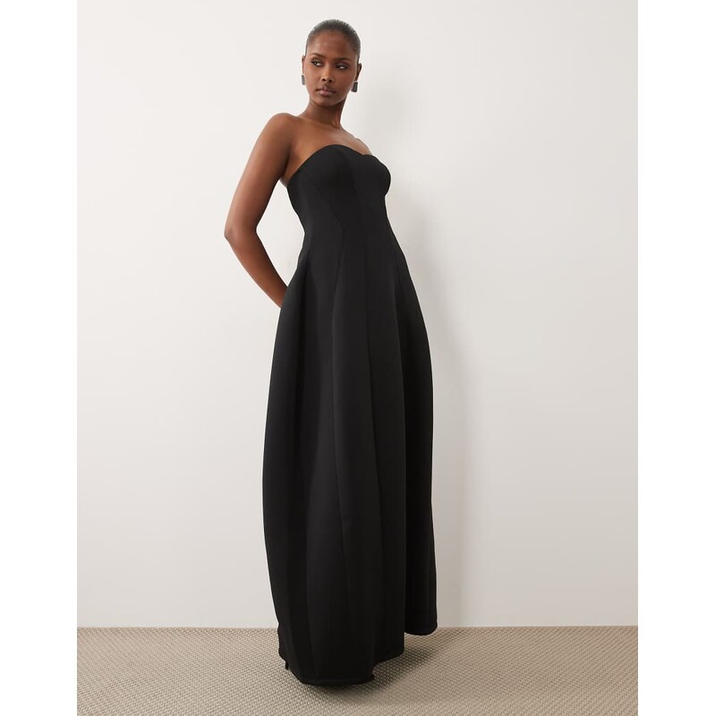 ASOS DESIGN structured volume bandeau maxi dress in black scuba