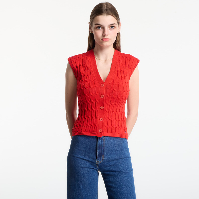Vesta Tommy Hilfiger Mid Gg Cable Vest Cardigan Fire Red S 115681397