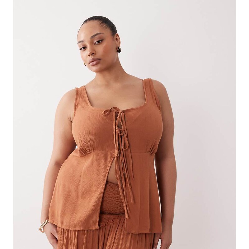 Esmee Curve tie front beach top co-ord in rust-Brown