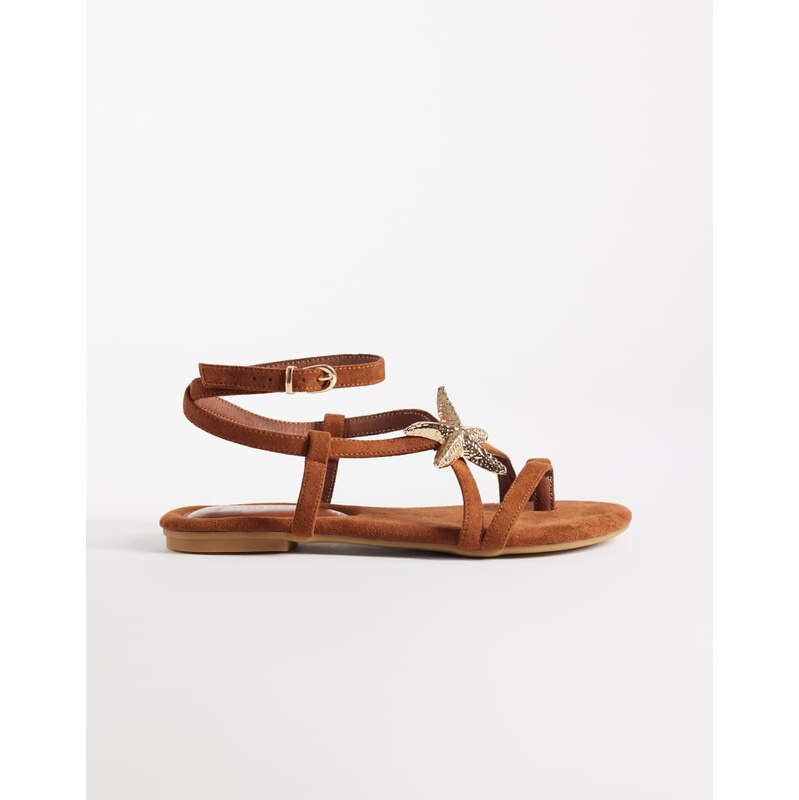 South Beach starfish strappy flat sandals in brown faux suede 115743890