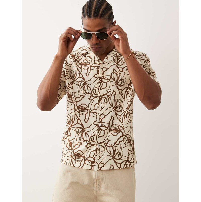 Free Society abstract print short sleeve beach shirt in beige