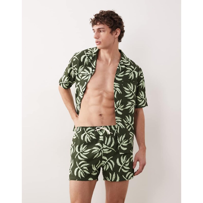 Free Society palm print swimshort in khaki-Green